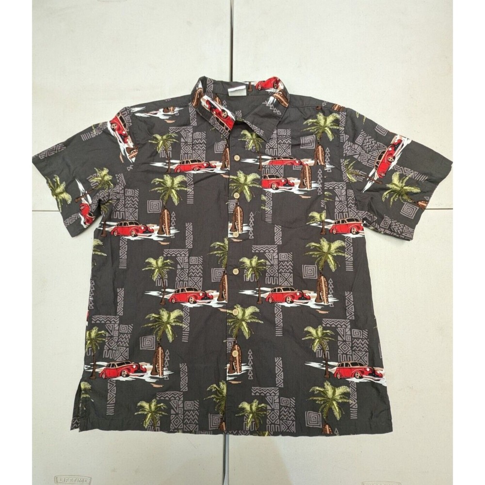Men's Vintage Barefoot in Paradise Hawaiian Dark Grey Shirt Adult L Car Graphic
